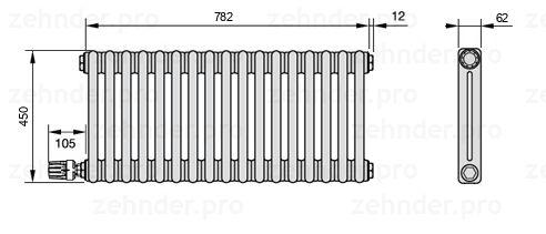 Схема (чертеж) Радиатор Zehnder Charleston 2045/17 №V004 Белый глянцевый RAL 9016